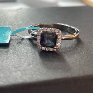 Silver Halo Ring with Mystic Topaz Square Stone - Multicolor